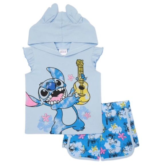 NWT Disney Toddler Girl Stitch Graphic Hoodie and Shorts Set Light Blue 2T - Picture 3 of 5